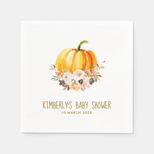 Little pumpkin gold and blush floral baby shower napkin (Front)