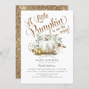 Little Pumpkin Gold Glitters Fall Baby Shower Invitation