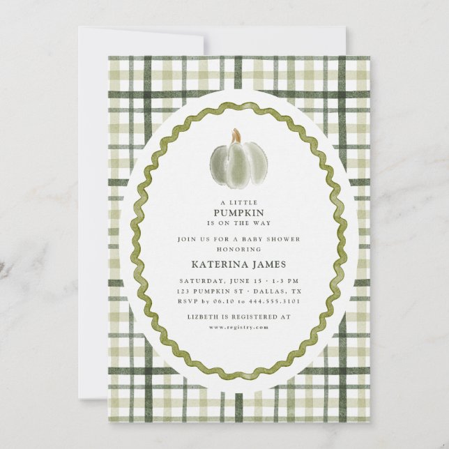 Little Pumpkin Green Plaid Baby Shower Invitation (Front)
