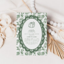 Little Pumpkin Green Toile Baby Shower Invitation