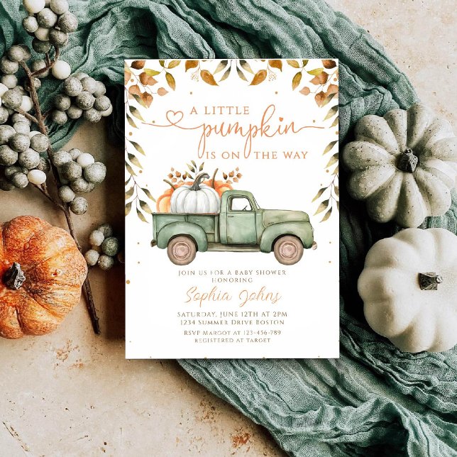 Little Pumpkin Green Truck Fall Baby Shower  Invitation (Creator Uploaded)