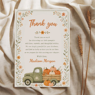 Little Pumpkin Green Truck Fall Baby Shower Thank You Card