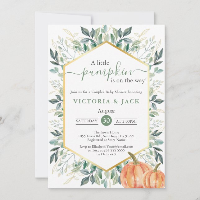 Little Pumpkin Greenery Fall Baby Shower Invitation (Front)