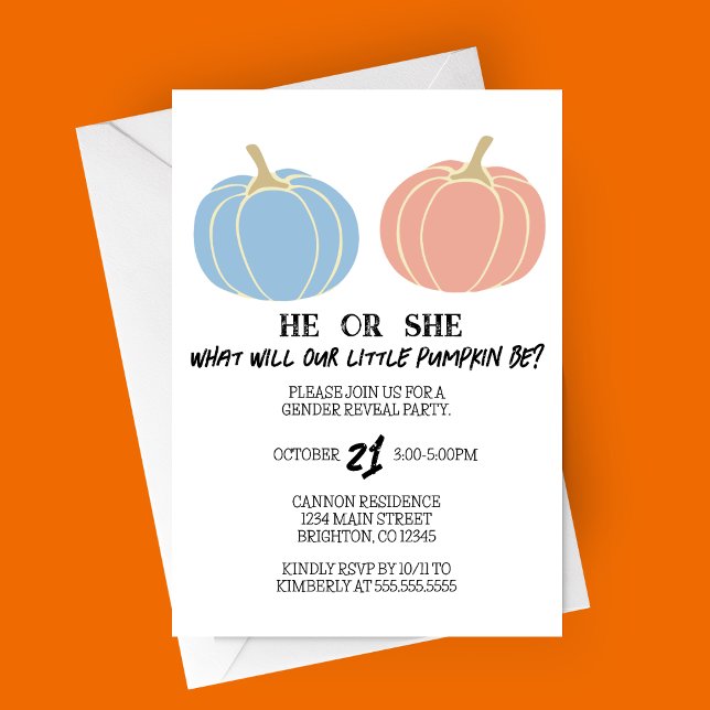 Little Pumpkin Halloween Gender Reveal Party Invitation (Little Pumpkin Gender Reveal Party Invitation, Halloween Themed with Solid Blue and Pink Pumpkins)