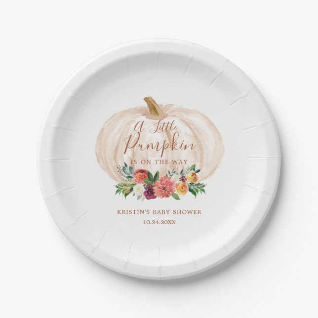 Little Pumpkin Is On The Way Baby Shower Paper Plate (Front)