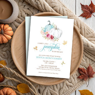 Little Pumpkin is On the Way Blue Baby Shower Invitation