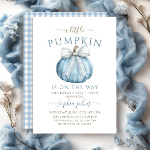 Little Pumpkin is On The Way Blue Bow baby shower Invitation