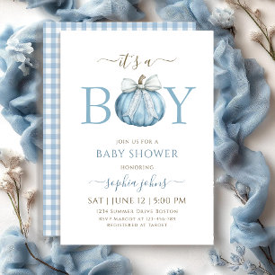 Little Pumpkin is On The Way Blue Bow baby shower Invitation