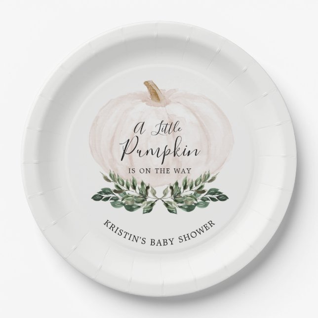 Little Pumpkin Is On The Way Greenery Baby Shower Paper Plate (Front)