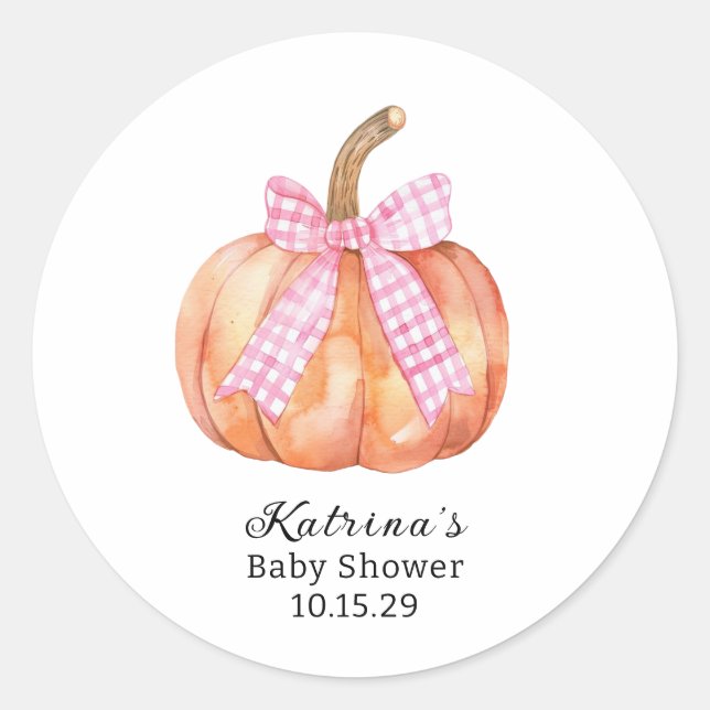 Little Pumpkin is on the Way Pink Bow Baby Shower  Classic Round Sticker (Front)