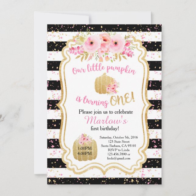 Little Pumpkin is ONE! Gold Pink Invitation (Front)