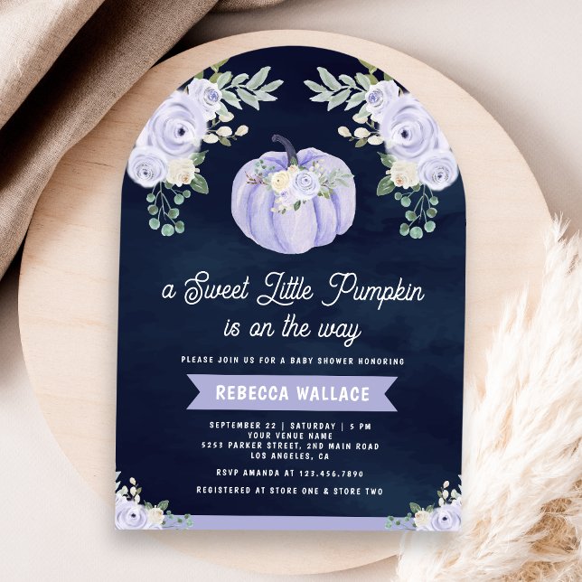 Little Pumpkin Lavender Rose Arch Navy Baby Shower Invitation (Creator Uploaded)
