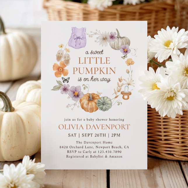 Little Pumpkin Lilac Floral Fall Girl Baby Shower  Invitation (Creator Uploaded)