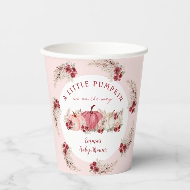 Little Pumpkin Marsala Pink Fall Boho Baby Shower Paper Cups (Front)