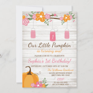 Little Pumpkin Mason Jars Fall Girl First Birthday Invitation