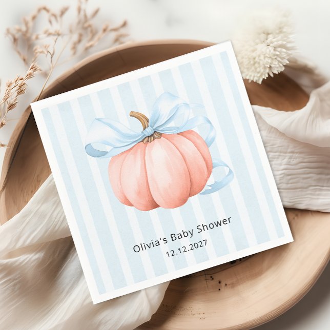 Little Pumpkin Modern Blue Bow Boy Baby Shower  Napkin (Creator Uploaded)