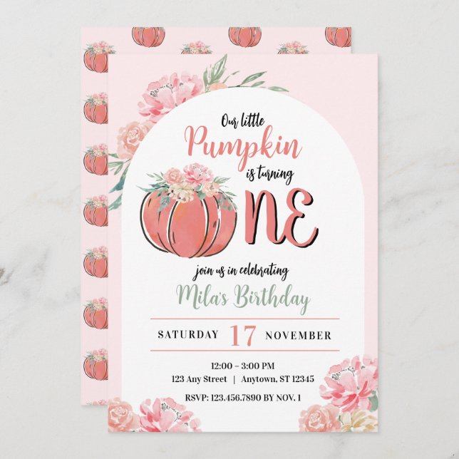 Little Pumpkin Modern Floral Girl Fall Birthday Invitation (Front/Back)