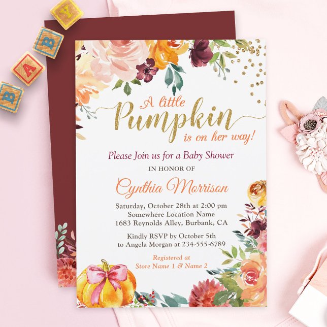 Little Pumpkin on Her Way Fall Floral Baby Shower Invitation (Creator Uploaded)