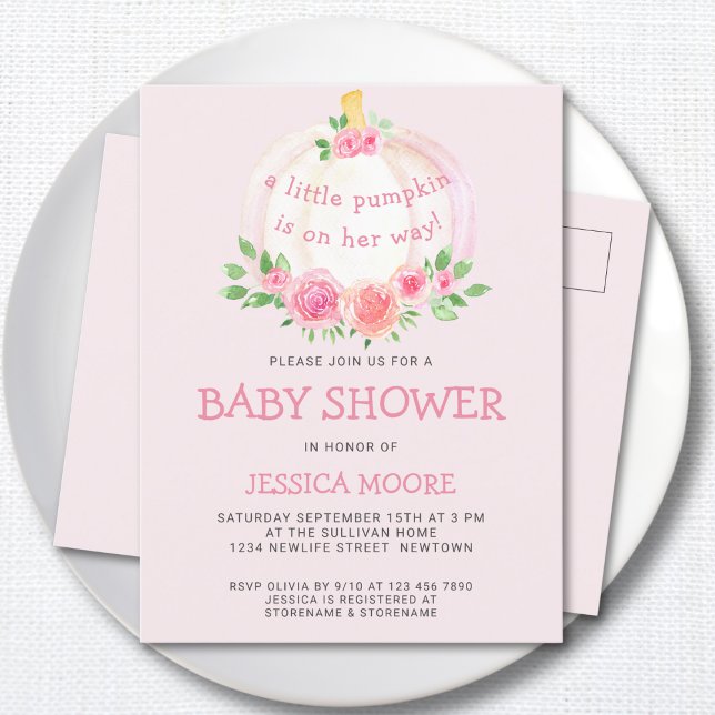 Little Pumpkin On Her Way Pink Baby Shower Invitation Postcard (Creator Uploaded)