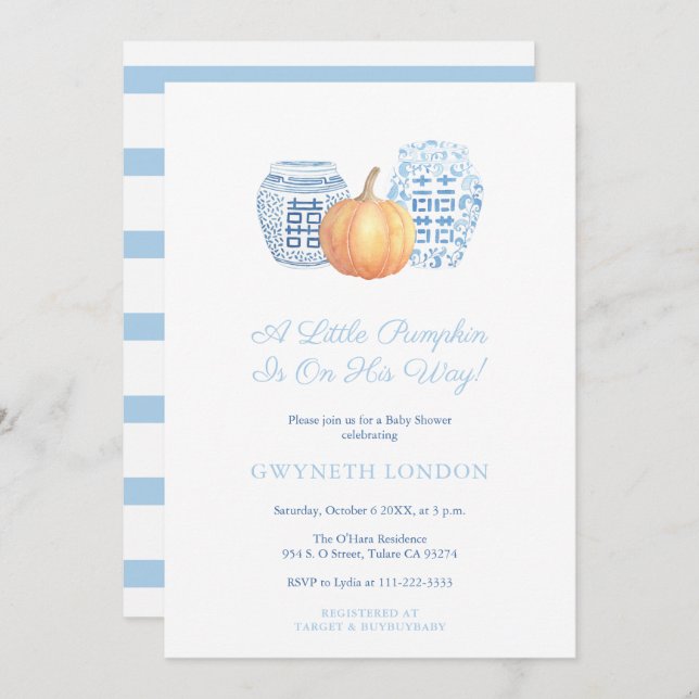 Little Pumpkin On His Way Fall Baby Shower For Boy Invitation (Front/Back)