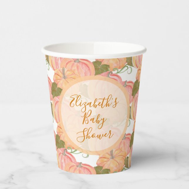 Little Pumpkin On The Way Baby Shower Custom Name Paper Cups (Left)