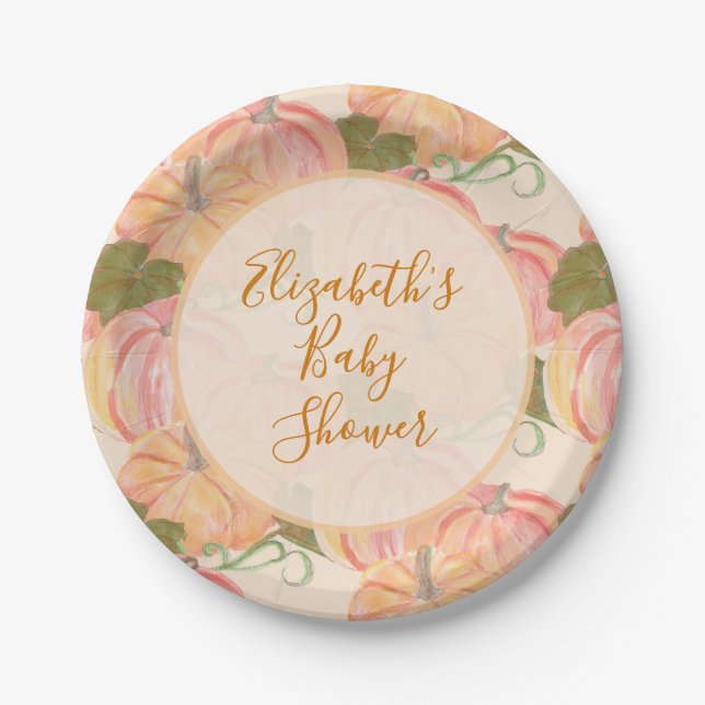 Little Pumpkin On The Way Baby Shower Custom Name Paper Plate (Front)