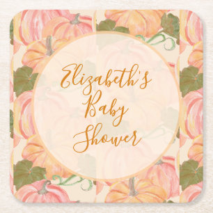Little Pumpkin On The Way Baby Shower Custom Name Square Paper Coaster