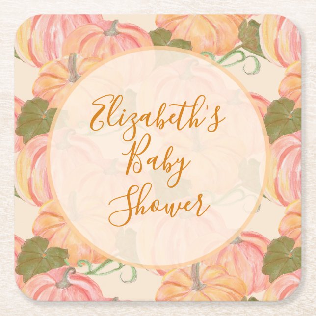 Little Pumpkin On The Way Baby Shower Custom Name Square Paper Coaster (Front)