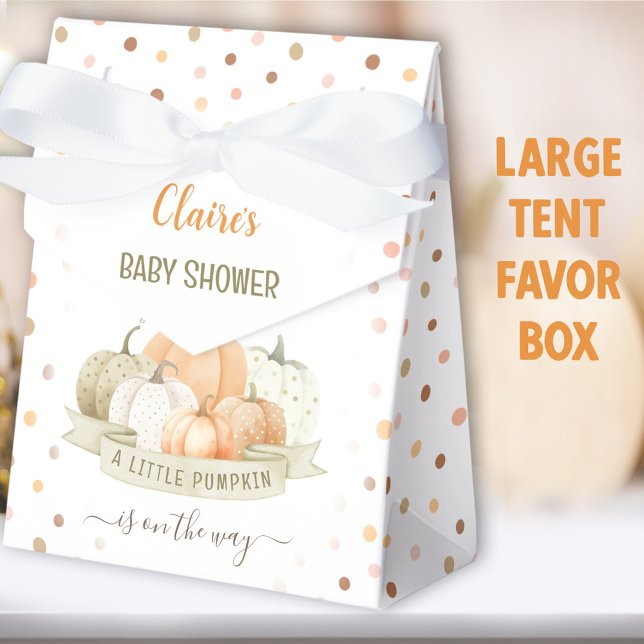 Little Pumpkin On The Way Baby Shower Large Tent Favour Box (Dotted Pumpkin favor box - You can choose from 2 sizes of these tent favor boxes)