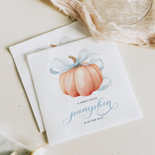 Little Pumpkin on the Way Blue Bow Baby Shower Napkin (Creator Uploaded)