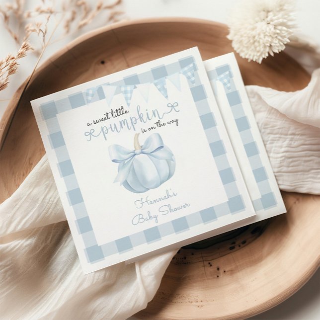 Little Pumpkin on the Way Blue Bow Baby Shower Napkin (Creator Uploaded)