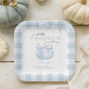 Little Pumpkin on the Way Blue Bow Baby Shower Paper Plate