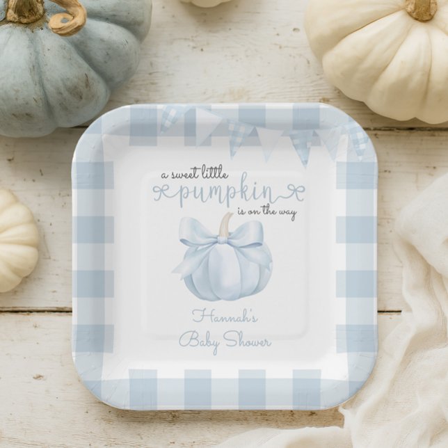 Little Pumpkin on the Way Blue Bow Baby Shower Paper Plate (Creator Uploaded)