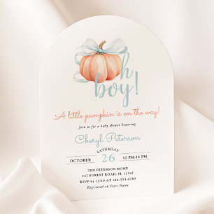 Little Pumpkin on the Way Blue Bow Boy Baby Shower Invitation