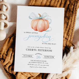 Little Pumpkin on the Way Blue Bow Boy Baby Shower Invitation