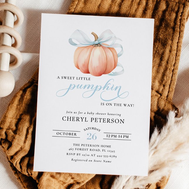Little Pumpkin on the Way Blue Bow Boy Baby Shower Invitation (Creator Uploaded)