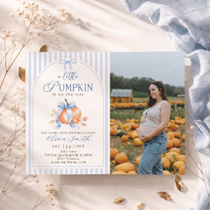 Little Pumpkin on the Way Blue Bow Boy Baby Shower Invitation