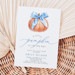 Little Pumpkin on the Way Blue Bow Boy Baby Shower Invitation