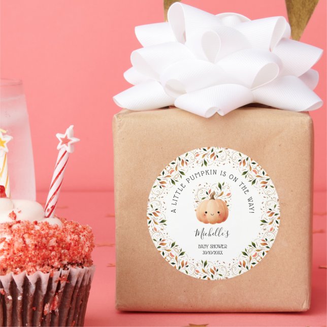 Little Pumpkin on the Way Fall Floral Baby Shower Classic Round Sticker (Party)