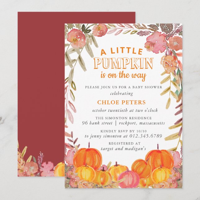 Little Pumpkin on the Way Fall Floral Baby Shower Invitation (Front/Back)