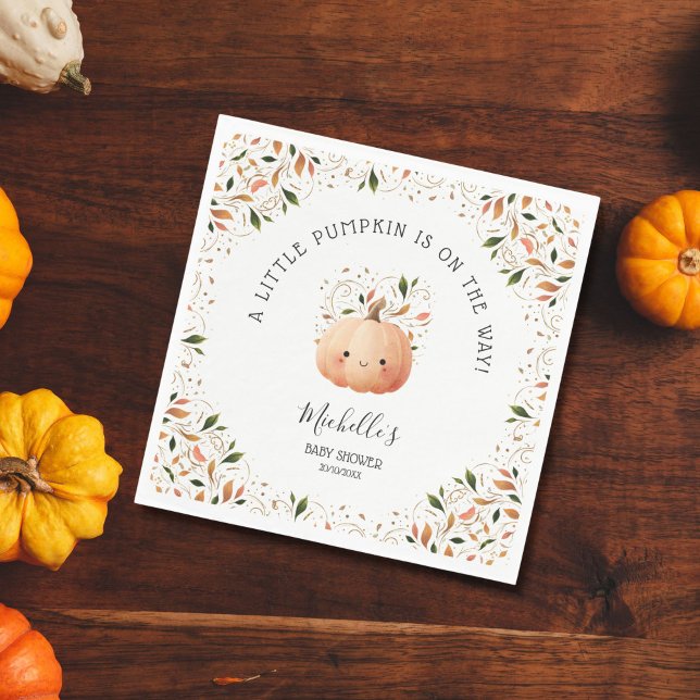 Little Pumpkin on the Way Fall Floral Baby Shower Napkin (CUTE WATERCOLOR KAWAI PUMPKIN FALL BABY SHOWER)