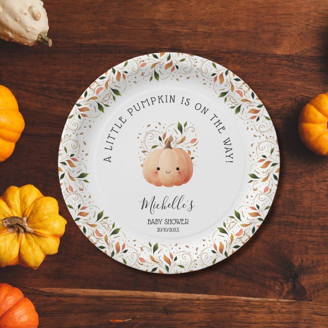 Little Pumpkin on the Way Fall Floral Baby Shower Paper Plate (CUTE WATERCOLOR KAWAI PUMPKIN FALL BABY SHOWER)