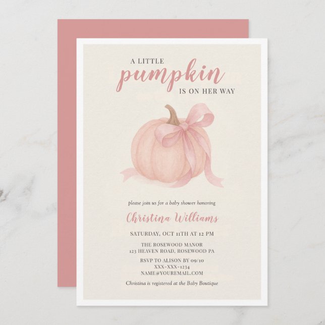 Little Pumpkin on the Way Pink Baby Shower Invitation (Front/Back)