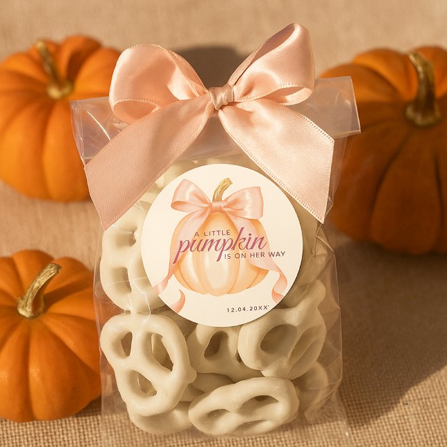 Little Pumpkin on the Way Pink Bow Baby Shower Classic Round Sticker (Creator Uploaded)