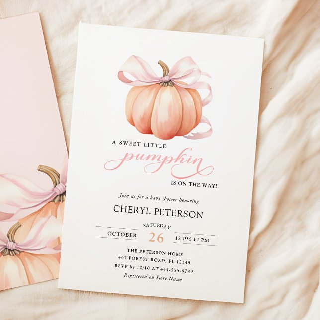 Little Pumpkin on the Way Pink Bow Baby Shower Invitation (Creator Uploaded)