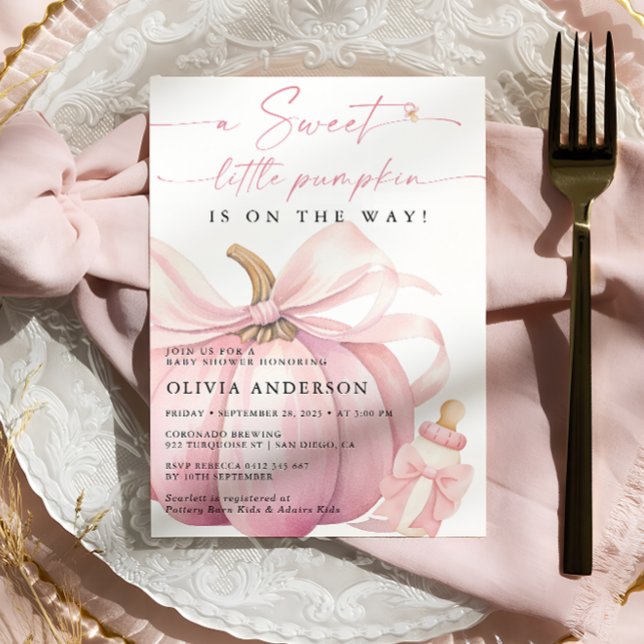 Little Pumpkin on the Way Pink Bow Baby Shower Invitation (Creator Uploaded)