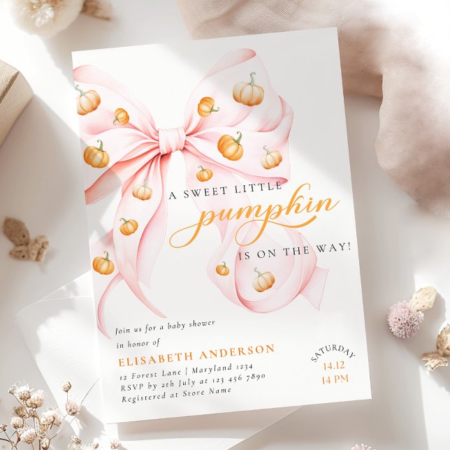 Little Pumpkin on the Way Pink Bow Baby Shower Invitation (Creator Uploaded)