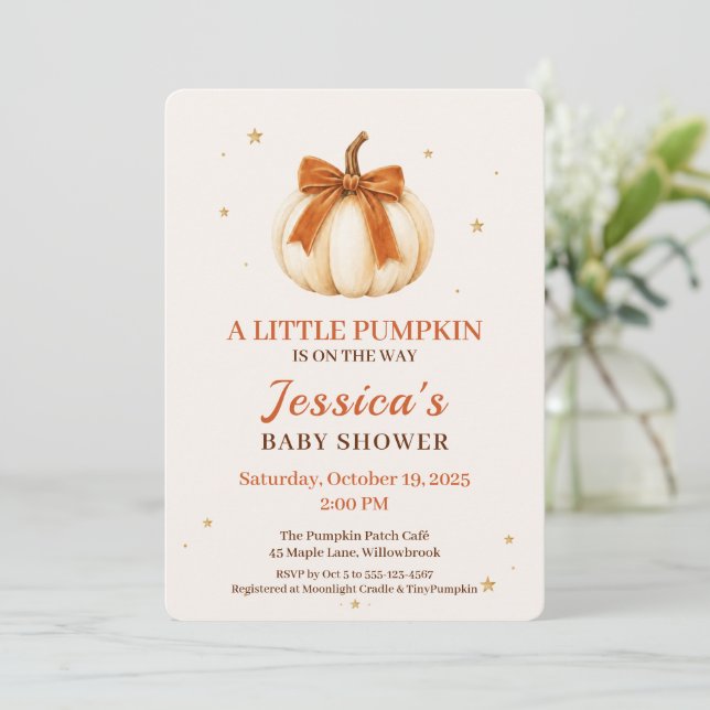Little Pumpkin Orange Bow | Fall Baby Shower Invitation (Standing Front)