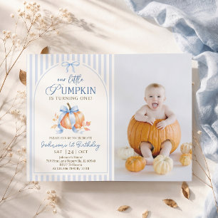 Little Pumpkin Pastel Blue Bow Fall Birthday Invitation