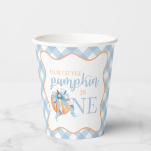 Little Pumpkin pastel blue bow plaid 1st birthday Paper Cups